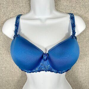 Simone Perele 34 Bra Underwired Blue Smooth Floral Mesh Bow Adjustable Straps